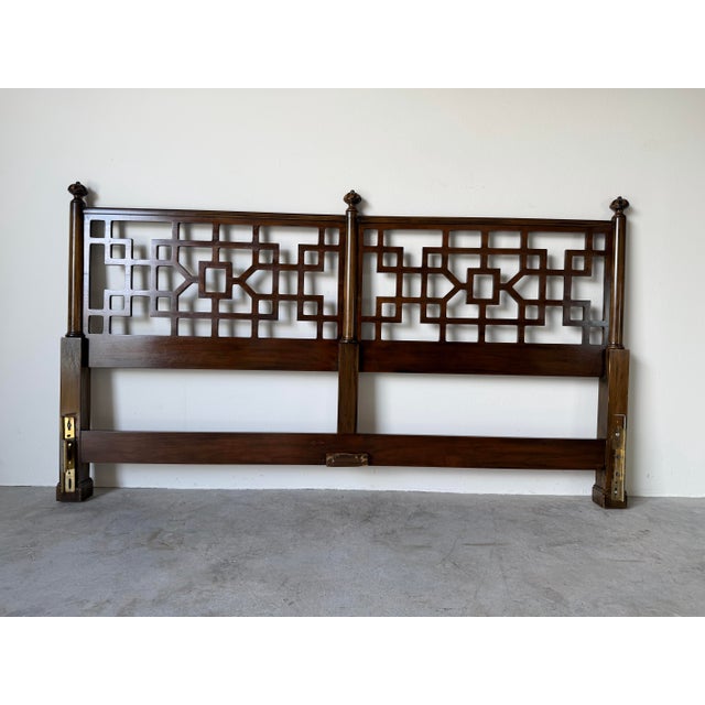 Hollywood Regency 1970s Baker Hollywood Regency Style Walnut Fretwork King Size Headboard For Sale - Image 3 of 13