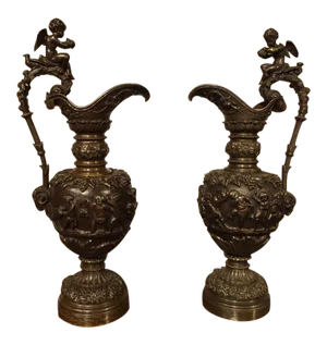 19th Century Antique French Patinated Bronze Ewers With Bacchanalian Scenes - a Pair