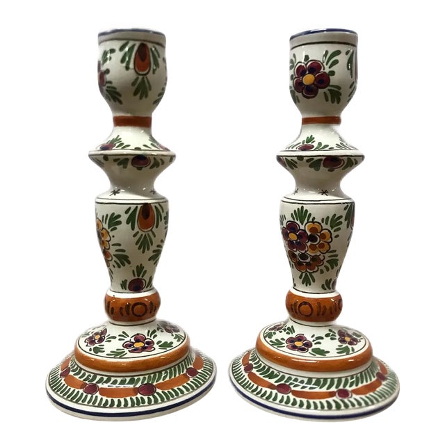 Pair of Vintage Delft Polychomatic Floral Candlestick Holders For Sale