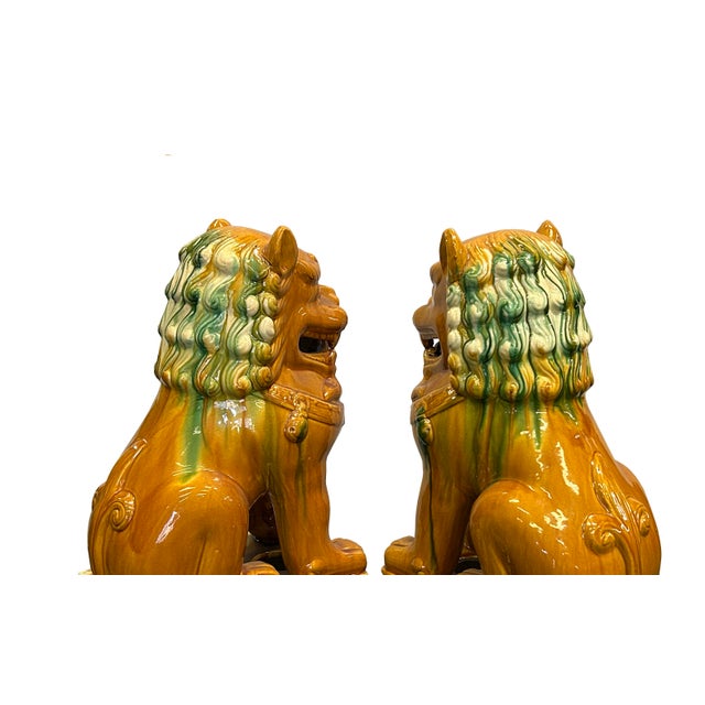 Pair Chinese Tri-Color Mustard Yellow Glaze Fengshui Lions Foo Dogs For Sale - Image 12 of 15