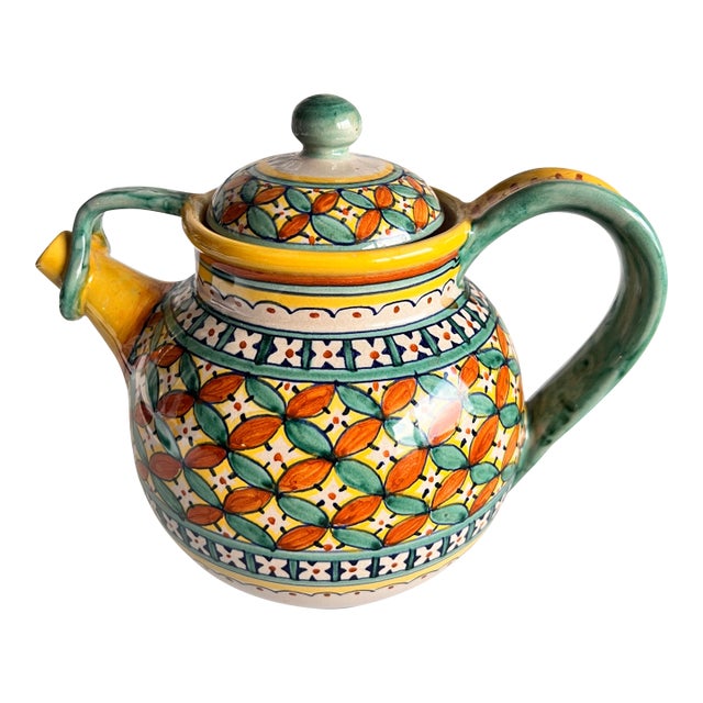 1980s Yellow Handpainted Yellow Aqua Pottery Teapot Ponte Yecchio Handcrafted in Italy For Sale