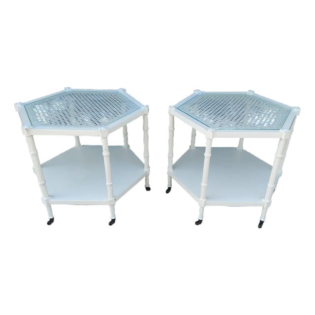 Vintage Pair of Faux Bamboo Hexagonal End Tables With Caned Tops and Glass Over Caning. For Sale