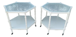 Vintage Pair of Faux Bamboo Hexagonal End Tables With Caned Tops and Glass Over Caning.