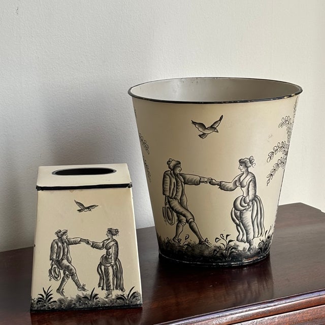 Vintage French Quimper-Style Tole Wastepaper Basket & Tissue Box Cover -- A Set For Sale - Image 11 of 11