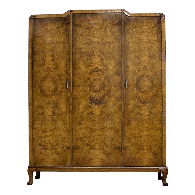 Vintage Art Deco Burr Walnut Triple Door Wardrobe, 1930s For Sale