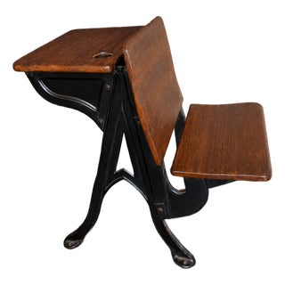 Antique Cast Iron & Wood School Desk With Attached Chair + Inkwell For Sale