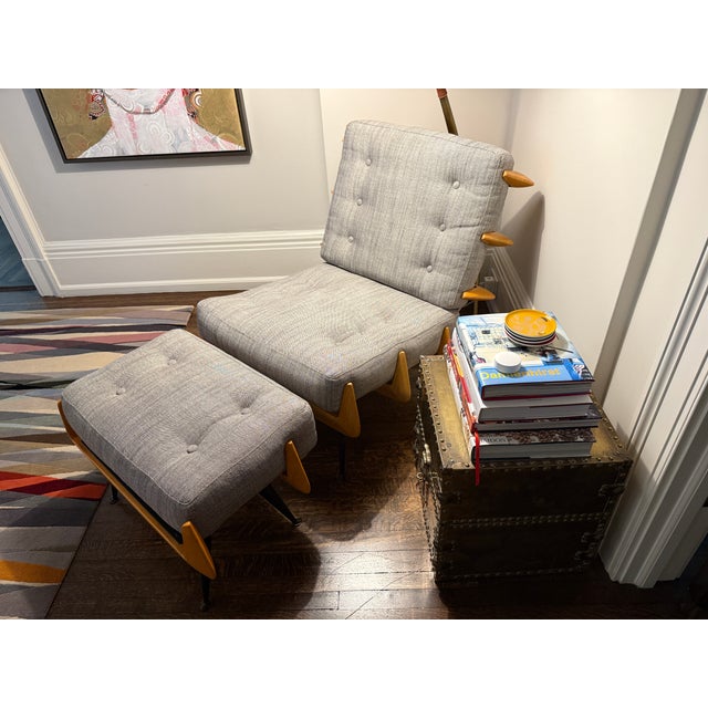 Iconic Jonathan Adler Antibes Lounge Chair & Ottoman in pristine Roma/Café linen. Designed in 2016, this sculptural set...