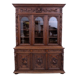 Antique French Neo-Renaissance Carved Oak Bookcase, 1880 For Sale