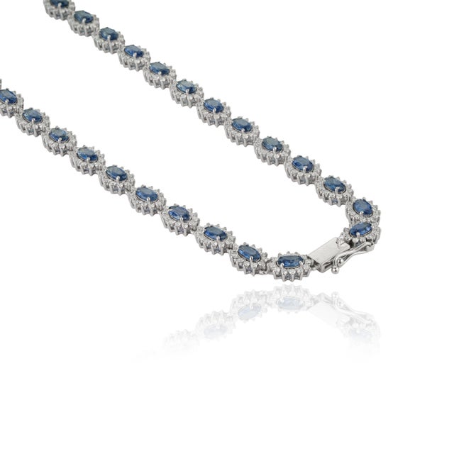 Estate Blue Sapphire Diamond Art Deco Tennis Necklace in 18k White Gold For Sale - Image 9 of 16