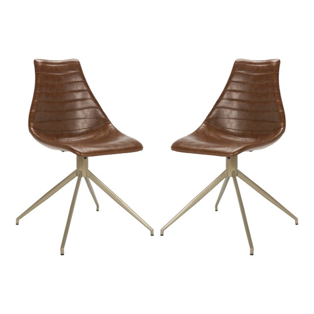 Bailey Mid Century Modern Leather Swivel Dining Chair in Light Brown & Brass - a Pair For Sale