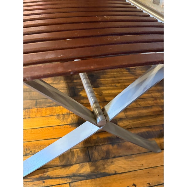 Wood One‑of‑a‑Kind Mahogany Slatted Bench – Custom Brushed Steel Frame Modern Industrial Design For Sale - Image 7 of 12