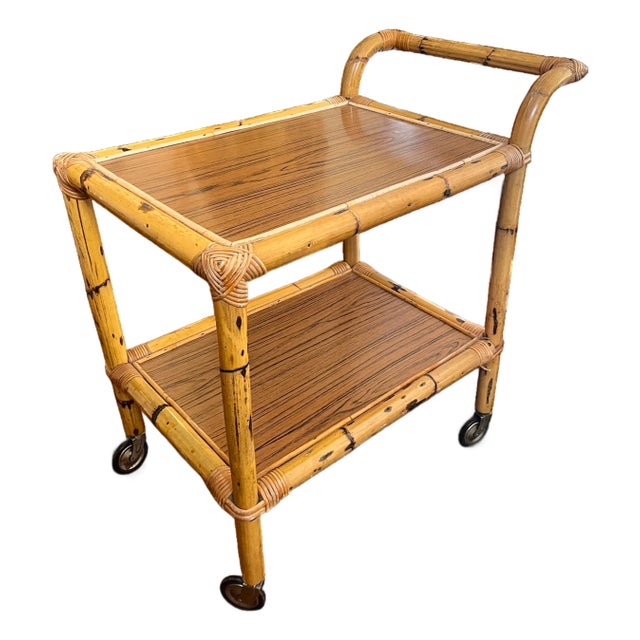 1960s Burnt Bamboo & Rattan Wrapped Two-Tier Drinks or Bar Cart on Casters For Sale