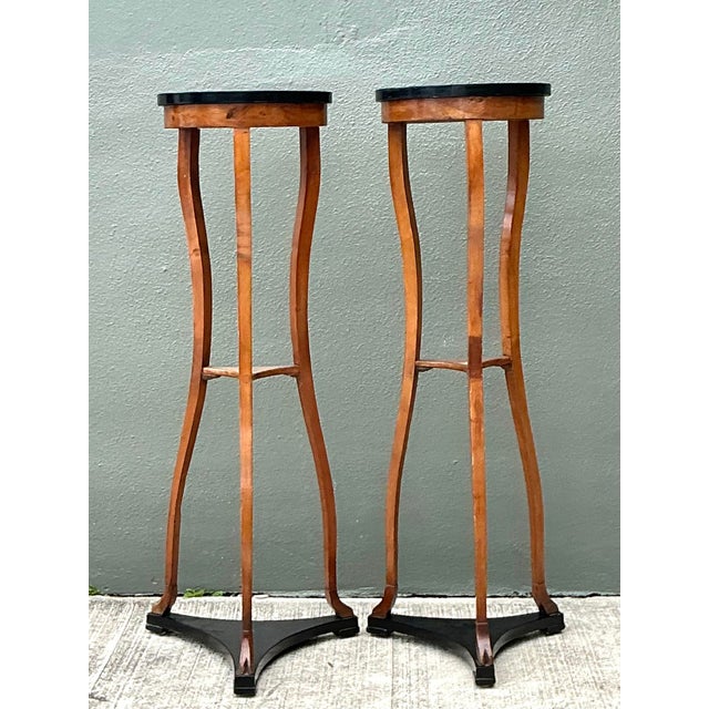 This striking pair of tall Biedermeier-style pedestals exemplifies Neoclassical grace and architectural sophistication....