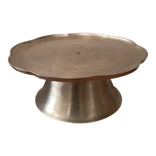 Antique Solid Brass Thick Etched Scalloped Pedestal Dish With Chinese Marks For Sale