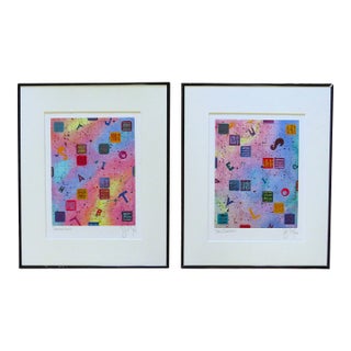 Pair of Abstract Watercolor Paintings Post Modern Signed For Sale