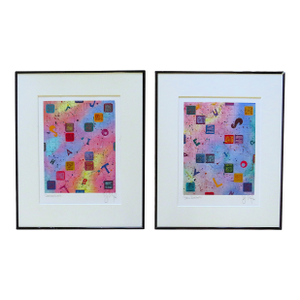 Pair of Abstract Watercolor Paintings Post Modern Signed