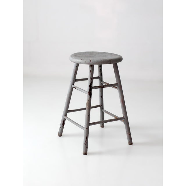 Farmhouse Antique Gray Painted Wood Stool For Sale - Image 3 of 13