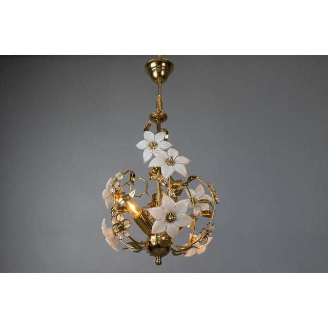 Hollywood Regency Hollywood Regency Style White Murano Glass Flower and Metal Chandelier, 1980s For Sale - Image 3 of 18
