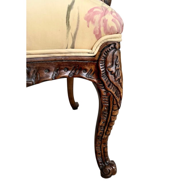 Late 20th Century Pair of French Louis XV Style Carved Accent Chairs Pastel Watercolor Print For Sale In Chicago - Image 6 of 10