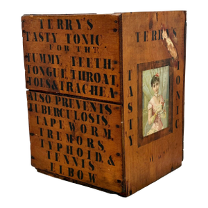 Rare & Unusual Late 19th Century Antique American Quack Medicine Wood Shipping Box With Chromo Lithographs