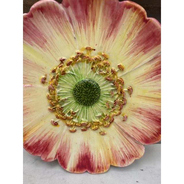 French Country Majolica Pink Flower Plate, Delphin Massier, Circa 1890 For Sale - Image 3 of 5