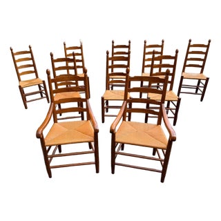 20th Century Clore Furniture Set of 10 Shaker Style Walnut Rush Seat Ladder Back Dining Chairs For Sale