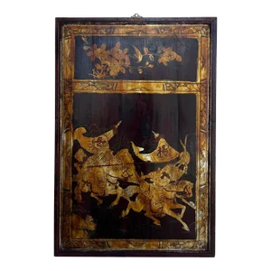 Vintage Chinese Wood Copper Color Warriors Scenery Wall Plaque Panel