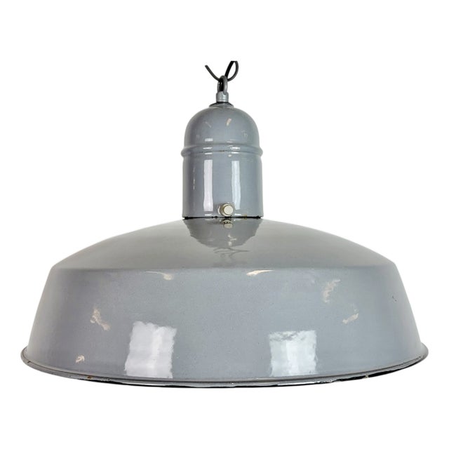 Industrial Grey Enamel Factory Pendant Lamp, 1960s For Sale