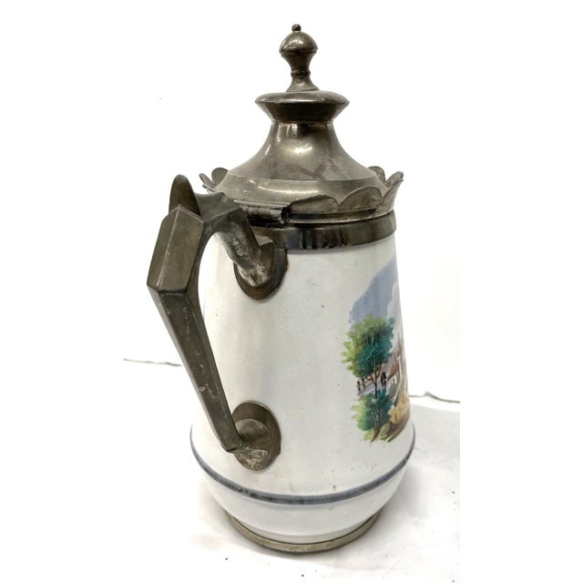 Victorian Charming Antique Chocolate Pot European Style Enamelware Castle Motif For Sale - Image 3 of 5
