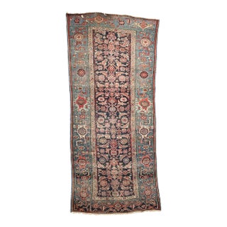 Antique Halvai Wide Runner with Blues in Water Garden Pattern 4.2 x 8.10 For Sale