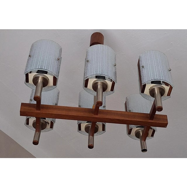 Wood Brutalist Teak and Art Glass Chandelier, 1960s For Sale - Image 7 of 9