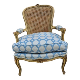 Provincial Yellowish Enamel, Caned Back and Upholstered Seat Bergere Chair For Sale