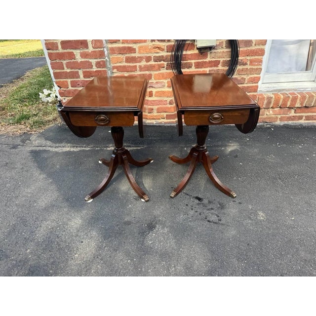 Pair of Antique Duncan Phyfe Mahogany Drop Leaf Side Tables Early American antique pedestal tables . Drawer dovetail joint...