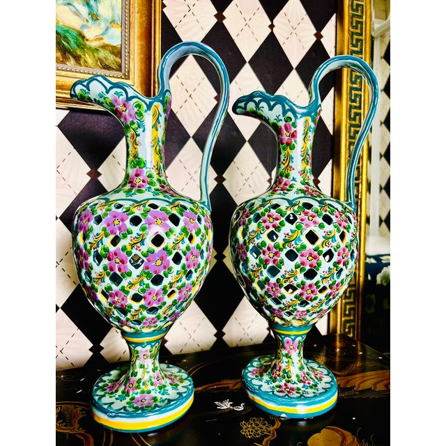 Teal Pair Signed J. Leonardo Portuguese Hand-Painted Reticulated Ceramic Ewers, 15" For Sale - Image 8 of 17