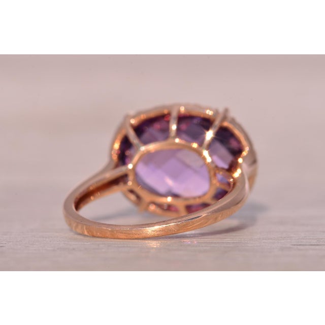 Metal The Nelle: Checkerboard Cut Natural Amethyst and Diamond Halo Ring in Rose Gold For Sale - Image 7 of 11