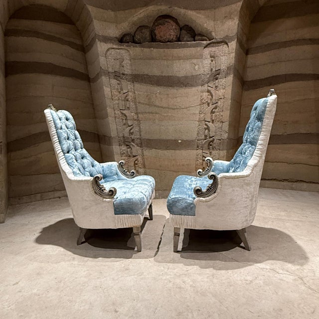 Blue French Hollywood Regency Original Pair Armchairs Tufted Blue White Velvet For Sale - Image 8 of 8