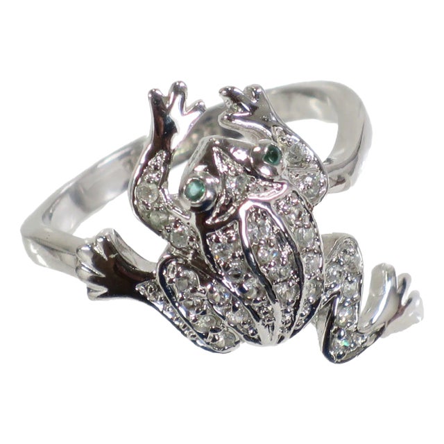Vintage 1970s Designer White Gold & Cz Frog Ring For Sale