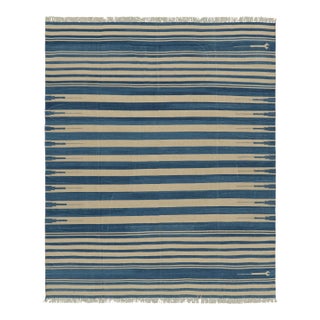 Rug & Kilim's Contemporary Dhurrie Rug in Blue and Beige Stripes - 5x8 For Sale