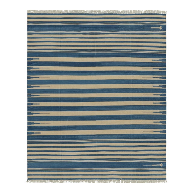 Rug & Kilim's Contemporary Dhurrie Rug in Blue and Beige Stripes - 5x8 For Sale