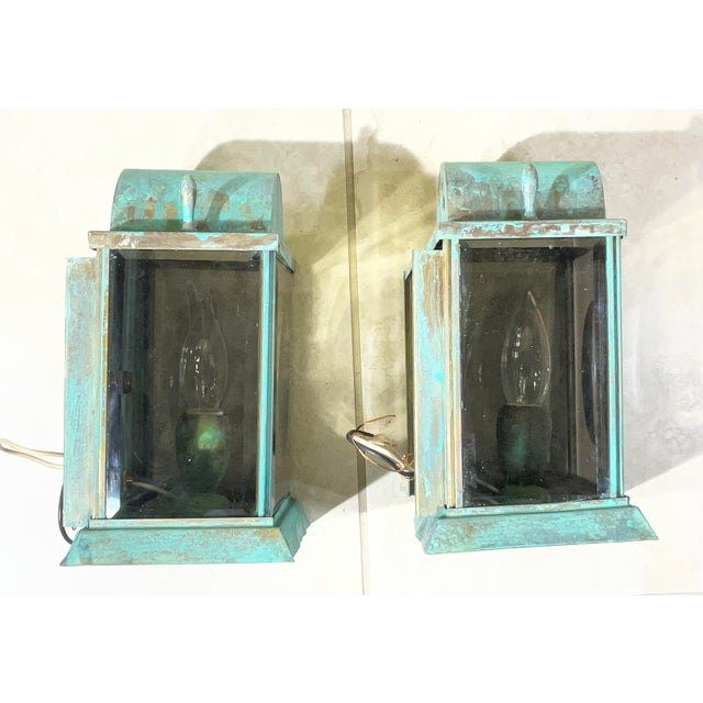 Vintage Verdigris Solid Brass Lanterns - Pair of Wall-Mounted Sconces For Sale - Image 9 of 13