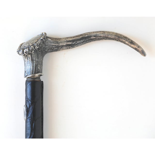 Wood Late 20th Century Belfiore 925 Sterling Silver Deer Antler Handle Cane/Walking Stick For Sale - Image 7 of 17