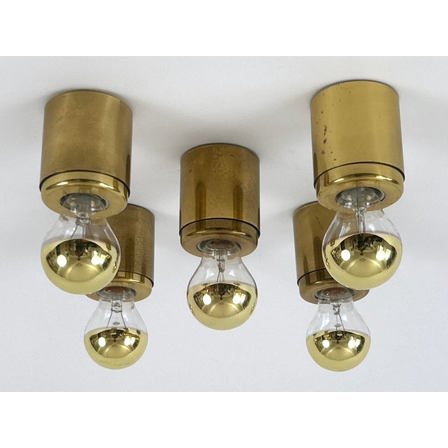 Set of five minimalistic mid-century modern brass ceiling lights or sconces. Model 'sp 14'. Extremely rare pieces in brass...