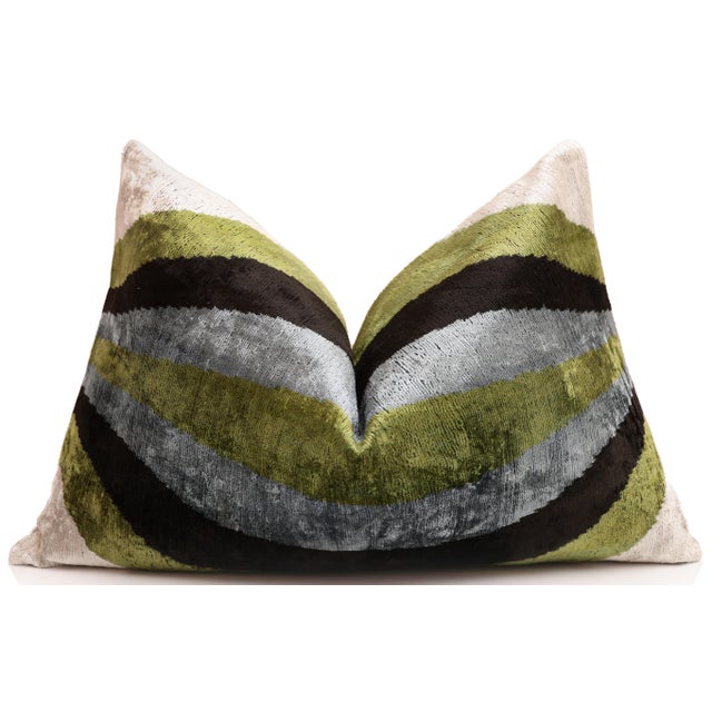 2020s Handmade Olive Green & Charcoal Ikat Velvet Lumbar Pillow 16x24 | Modern Organic Accent For Sale - Image 5 of 8
