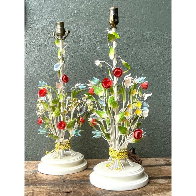 Vintage Floral Bouquet Tole Table Lamps - Pair For Sale - Image 18 of 18