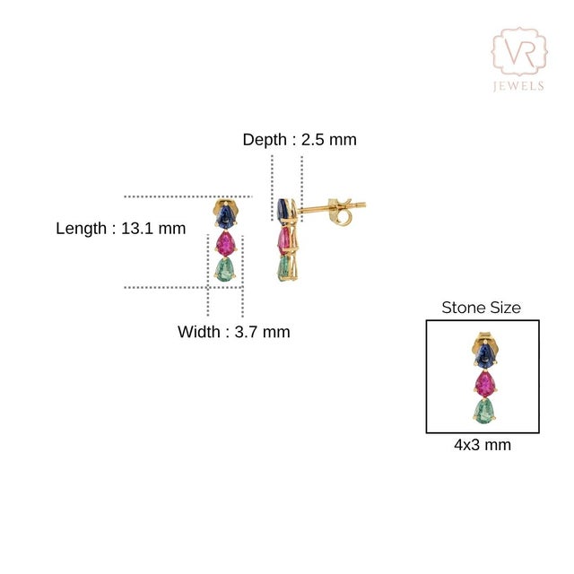 Green Natural Emerald Ruby & Sapphire Stud Earrings in 14k Gold- 2 Pieces For Sale - Image 8 of 11