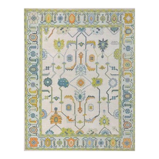 Modern Handknotted Oushak Rug in Shades of Blue, Green & Goldenrod, 12' x 15' For Sale