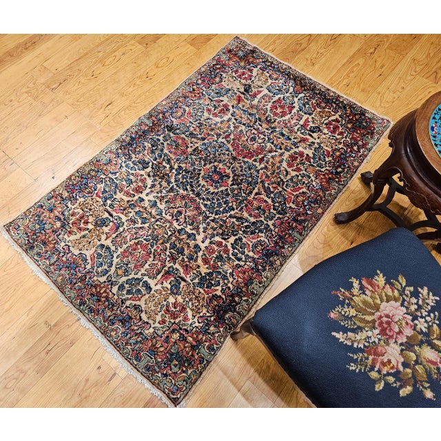 Vintage Persian Kerman Rug, Hand-knotted Wool, Allover Floral Pattern, Ivory & Blue, 3x5 For Sale - Image 10 of 13