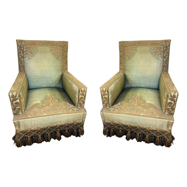 Armchairs in Silk Velvet and Embroidery, Set of 2 For Sale