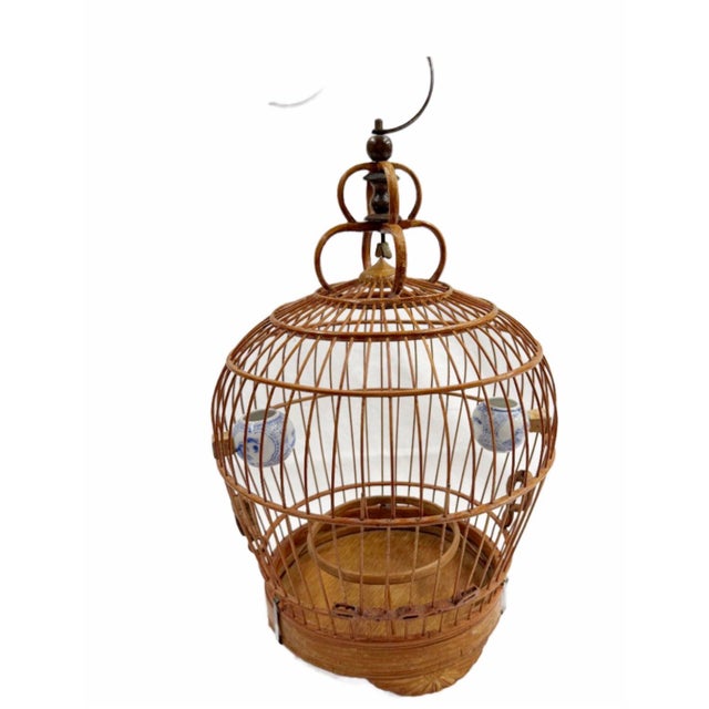 1980's Asian Bamboo Birdcage With Ceramic Feeders For Sale - Image 10 of 10