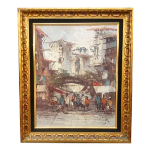 Vintage Framed Oil on Canvas Spanish Street Scene Signed by Artist Pablo